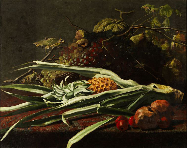 Still life with pineapple, grapes, apples and pomegranates